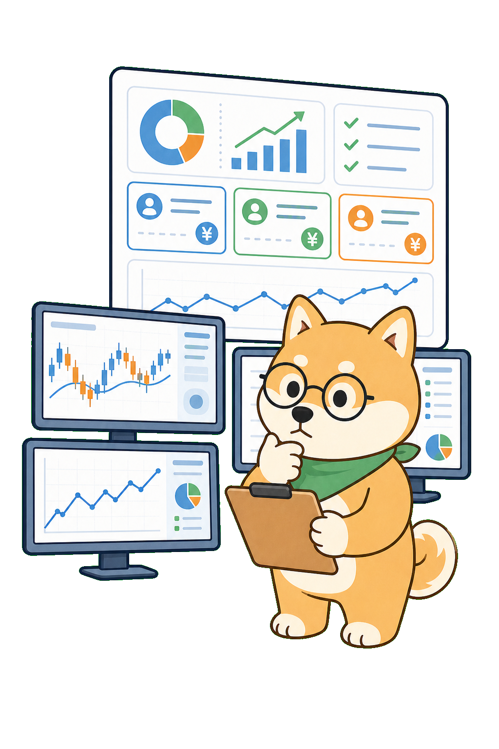 複数の口座管理ボードを前に考える柴犬のイラスト・海外FX複数口座