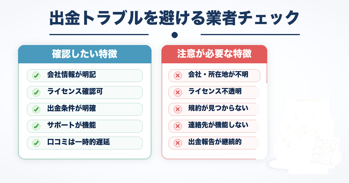 海外FXで確認したい業者の特徴と注意が必要な業者の特徴の比較
