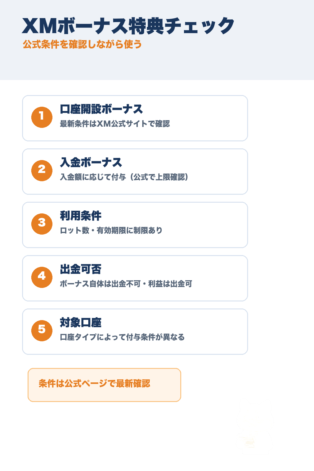 XMボーナス特典チェックリスト：口座開設ボーナス・入金ボーナスの条件・利用制限・出金可否・対象口座