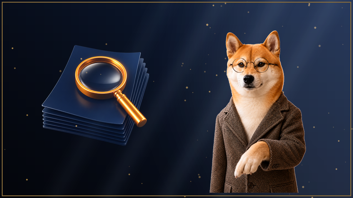 書類と虫眼鏡を指し示す柴犬のイラスト・BigBossの出金履歴の確認とキャンセル方法