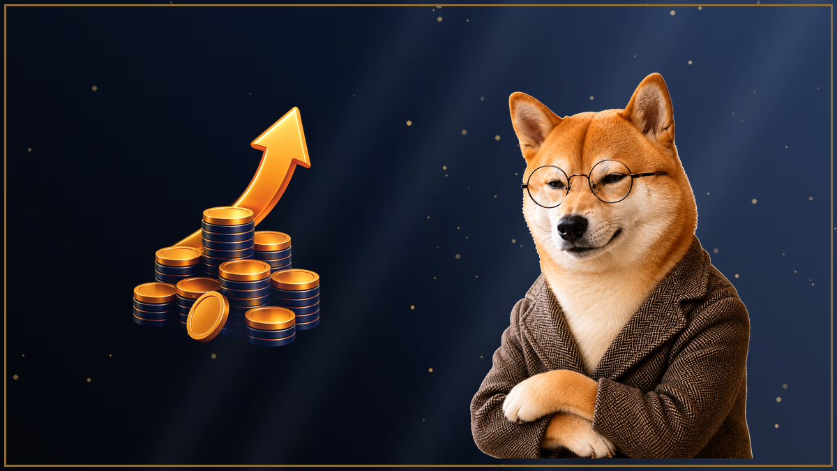 積み上がったコインの前で腕を組む柴犬のイラスト・BigBossの休眠口座の条件と口座維持手数料