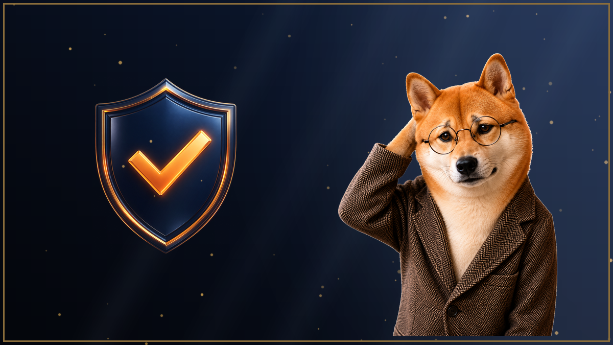 盾のマークを前に困った様子の柴犬のイラスト・BigBossのCRYPTOS口座はゼロカットの対象か