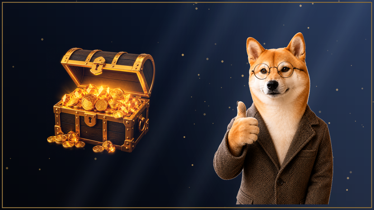 上昇チャートの前で腕を組む柴犬のイラスト・BigBossの新規口座開設ボーナスの金額