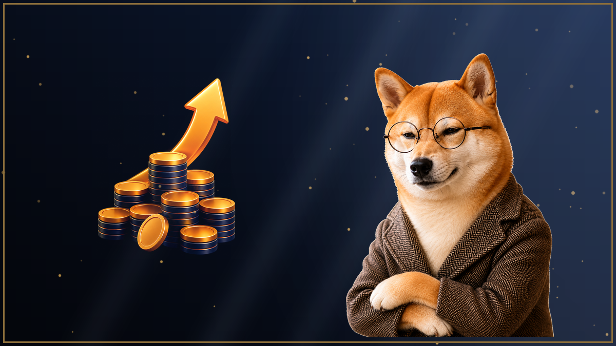 積み上がったコインの前で腕を組む柴犬のイラスト・BigBossの入金ボーナスの上限