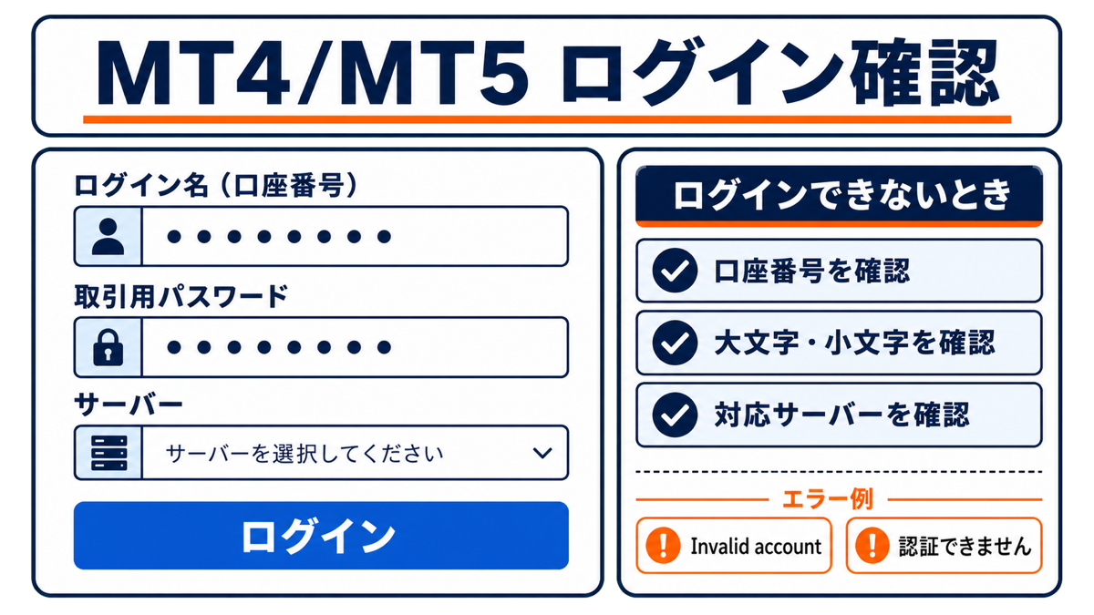 ログイン名（口座番号）とパスワードの入力画面イメージ図解・BigBoss MT4/MT5
