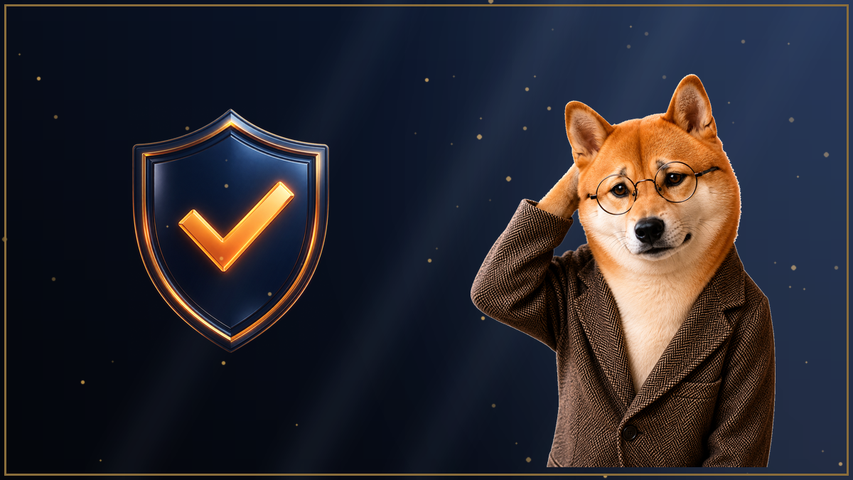 盾のマークを前に困った様子の柴犬のイラスト・BigBossのゼロカットの注意点