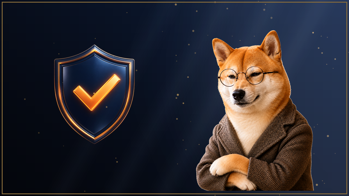 盾のチェックマークを前に腕組みする柴犬のイラスト・BigBoss評判のまとめ