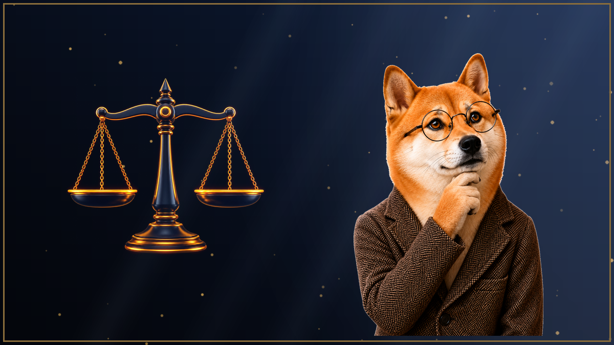 天秤を前に顎に手を当てて考える柴犬のイラスト・法人化の損益分岐点となる年収ライン