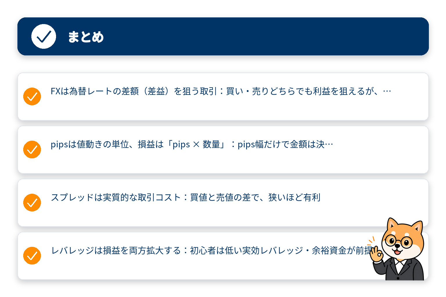 記事の要点をまとめたチェックリスト図解と柴犬のイラスト