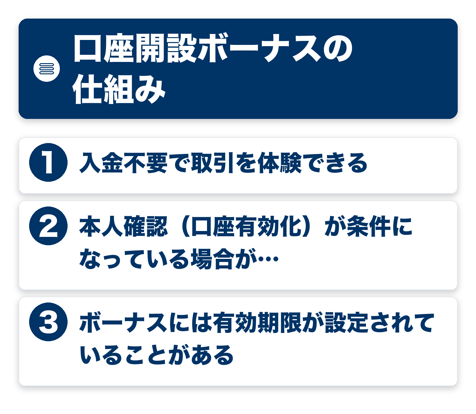 口座開設ボーナスの仕組みのポイントを3つのブロックで整理した図解