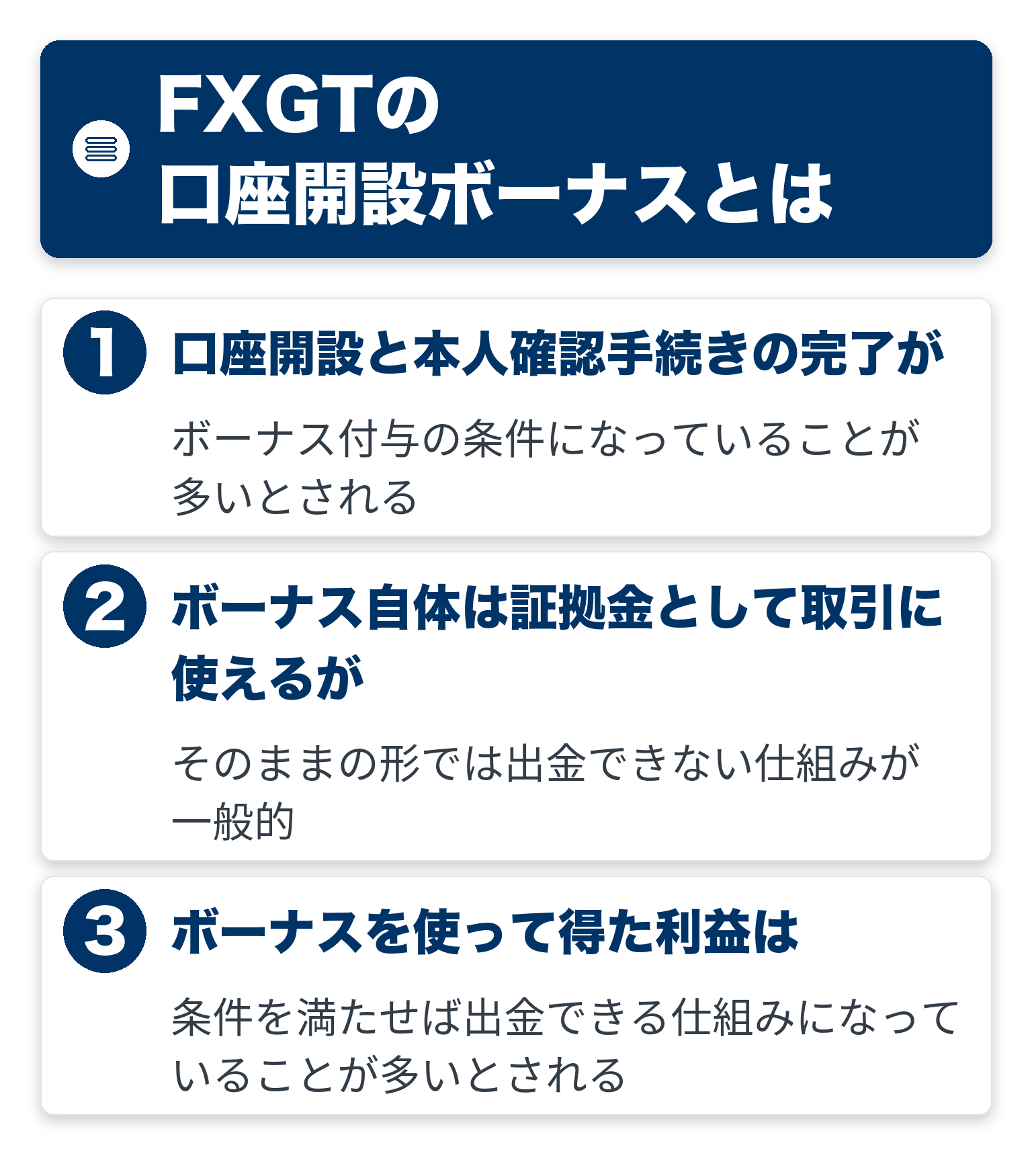 FXGTの口座開設ボーナスのポイントを3つのブロックで整理した図解