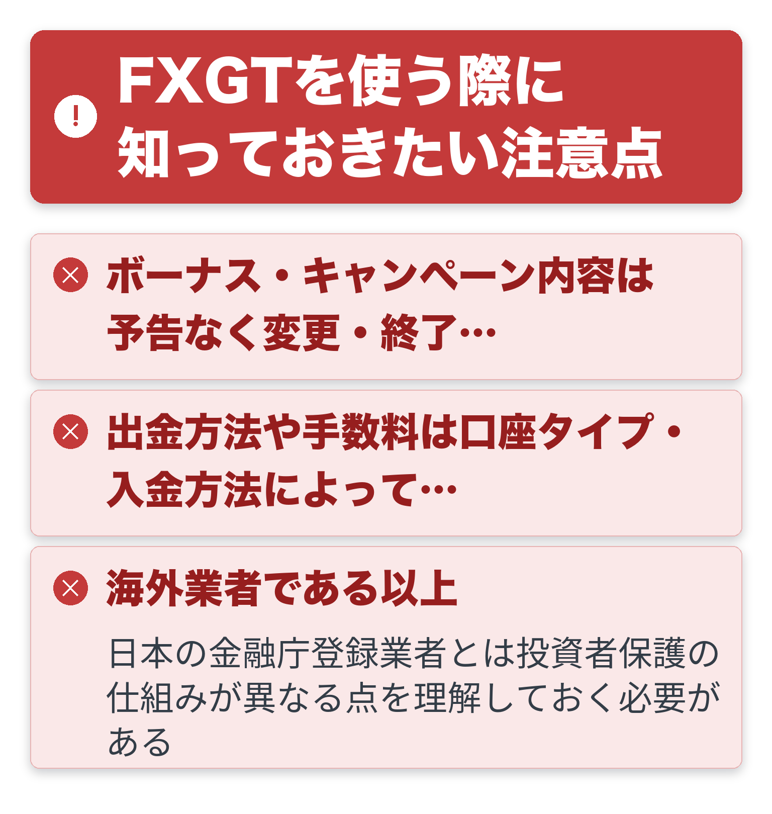 FXGTを使う際に知っておきたい注意点を一覧にした図解