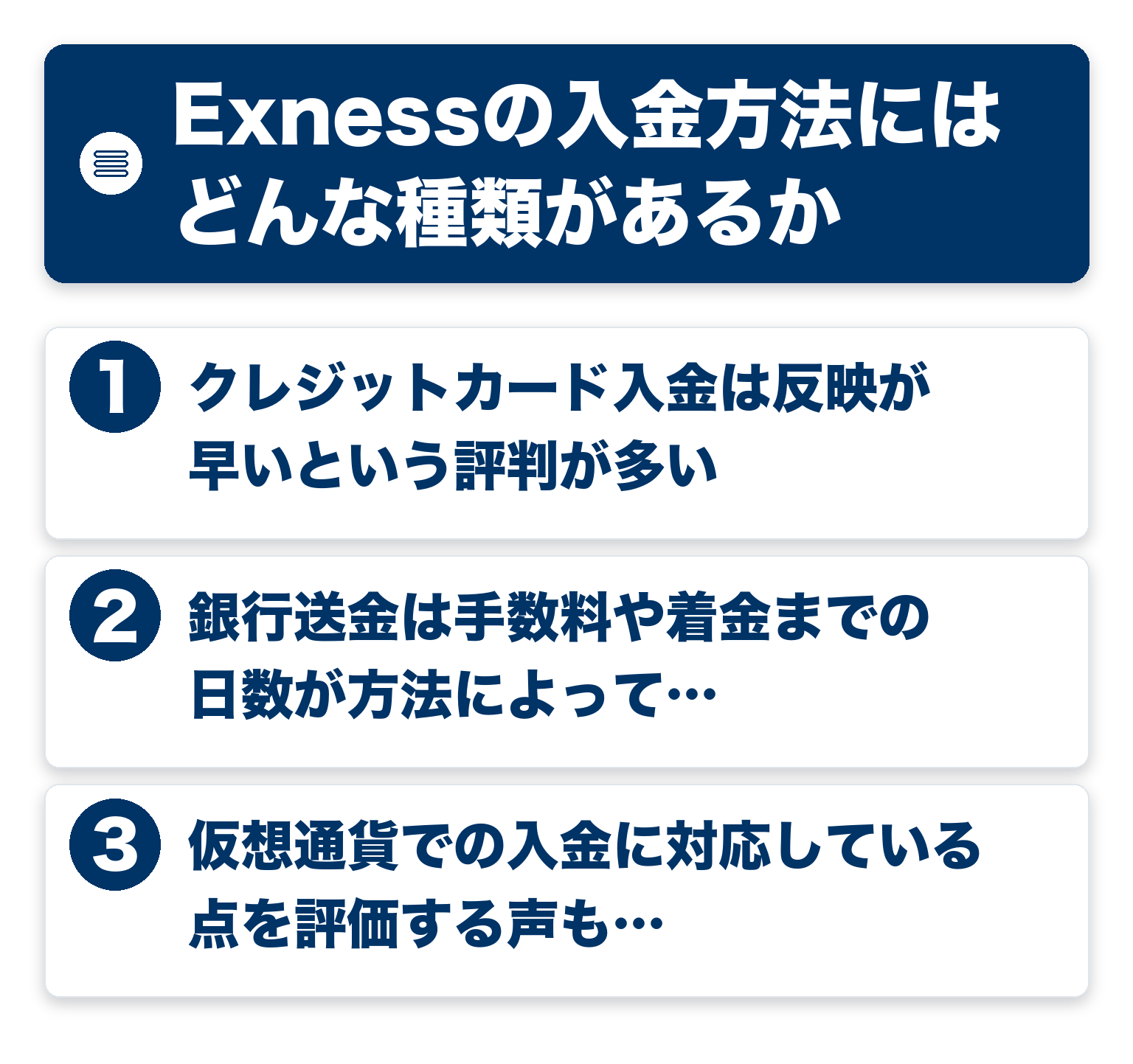 Exnessの入金方法にはどんな種類があるかのポイントを3つのブロックで整理した図解