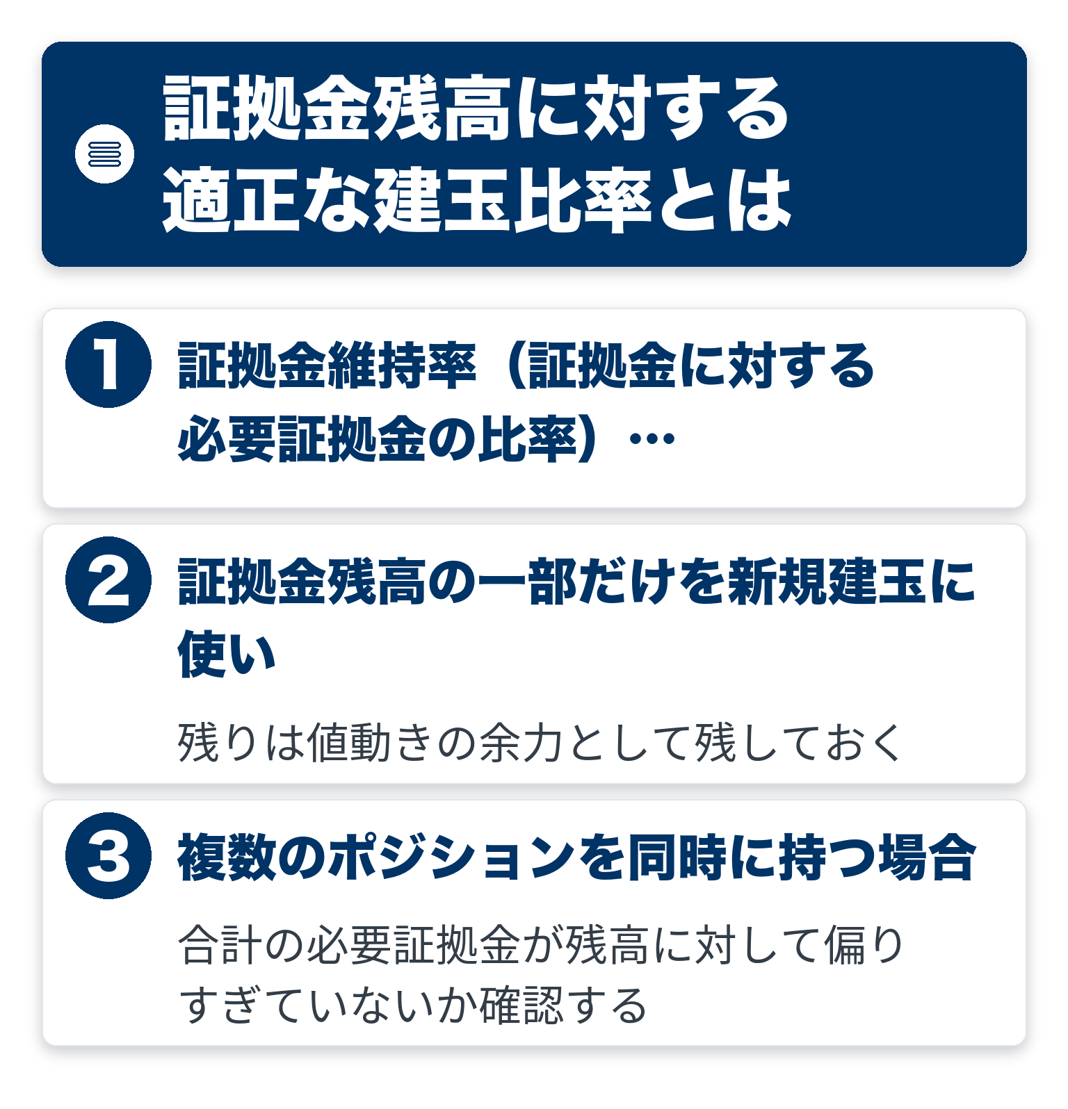 証拠金残高に対する適正な建玉比率のポイントを3つのブロックで整理した図解