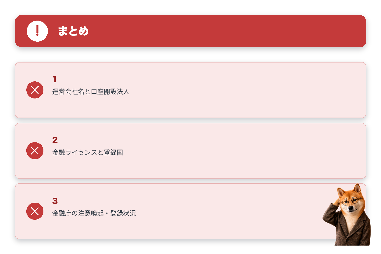 まとめの注意点を一覧にした図解と柴犬のイラスト