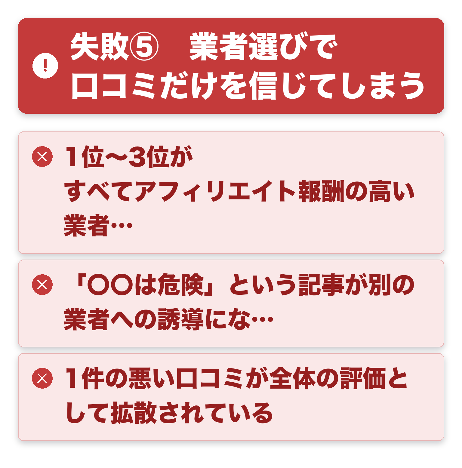 失敗⑤　業者選びで口コミだけを信じてしまうの注意点を一覧にした図解