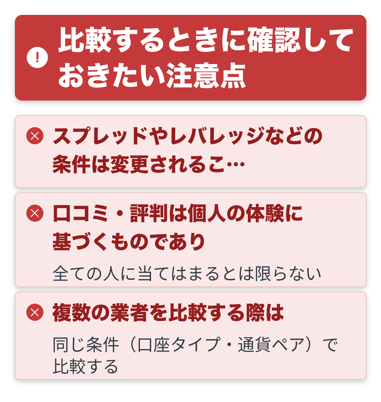 比較するときに確認しておきたい注意点を一覧にした図解