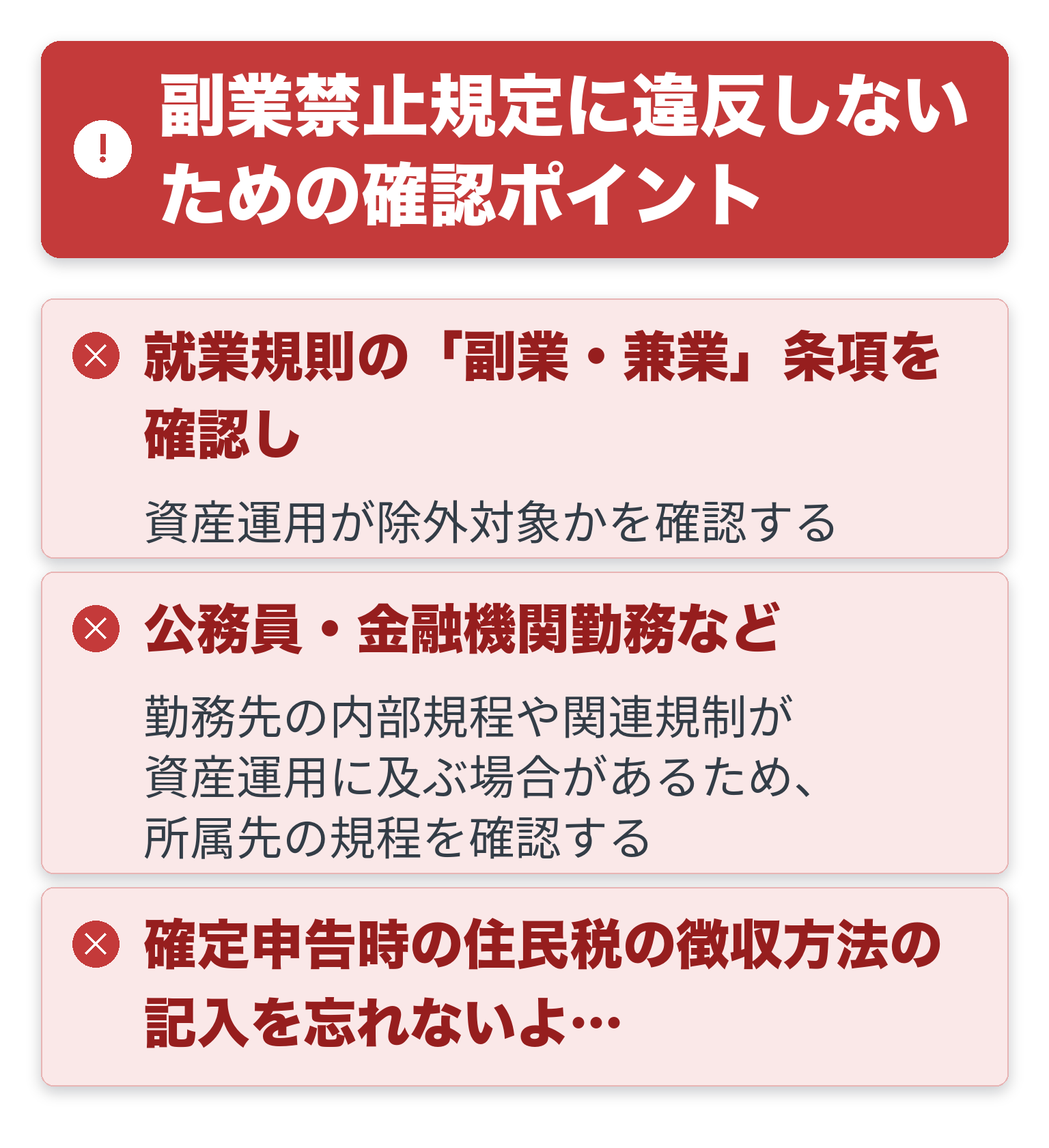 副業禁止規定に違反しないための確認ポイントの注意点を一覧にした図解